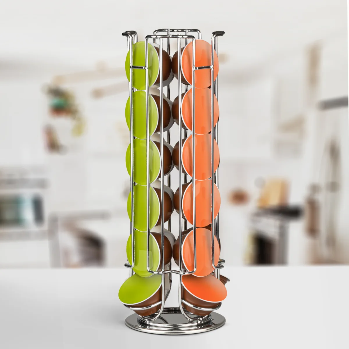 Suport capsule cafea Dolce Gusto 24 capsule, metal rotativ, crom, organizator bucatarie