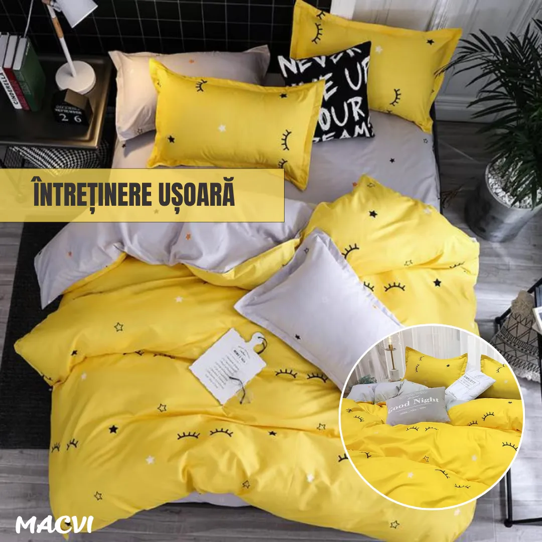 Lenjerie de pat Macvi®, bumbac gros finet, 2 persoane, 4 piese, galben, potrivita pentru saltele 180x220 - 200x230 - imagine 4