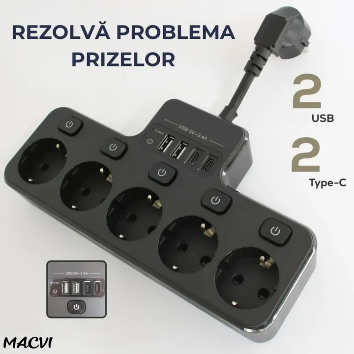 Multipriza Macvi cu 4 prize Schuko, 4 porturi USB, control individual, 4000W, extensie electrica pentru birou si acasa - imagine 5