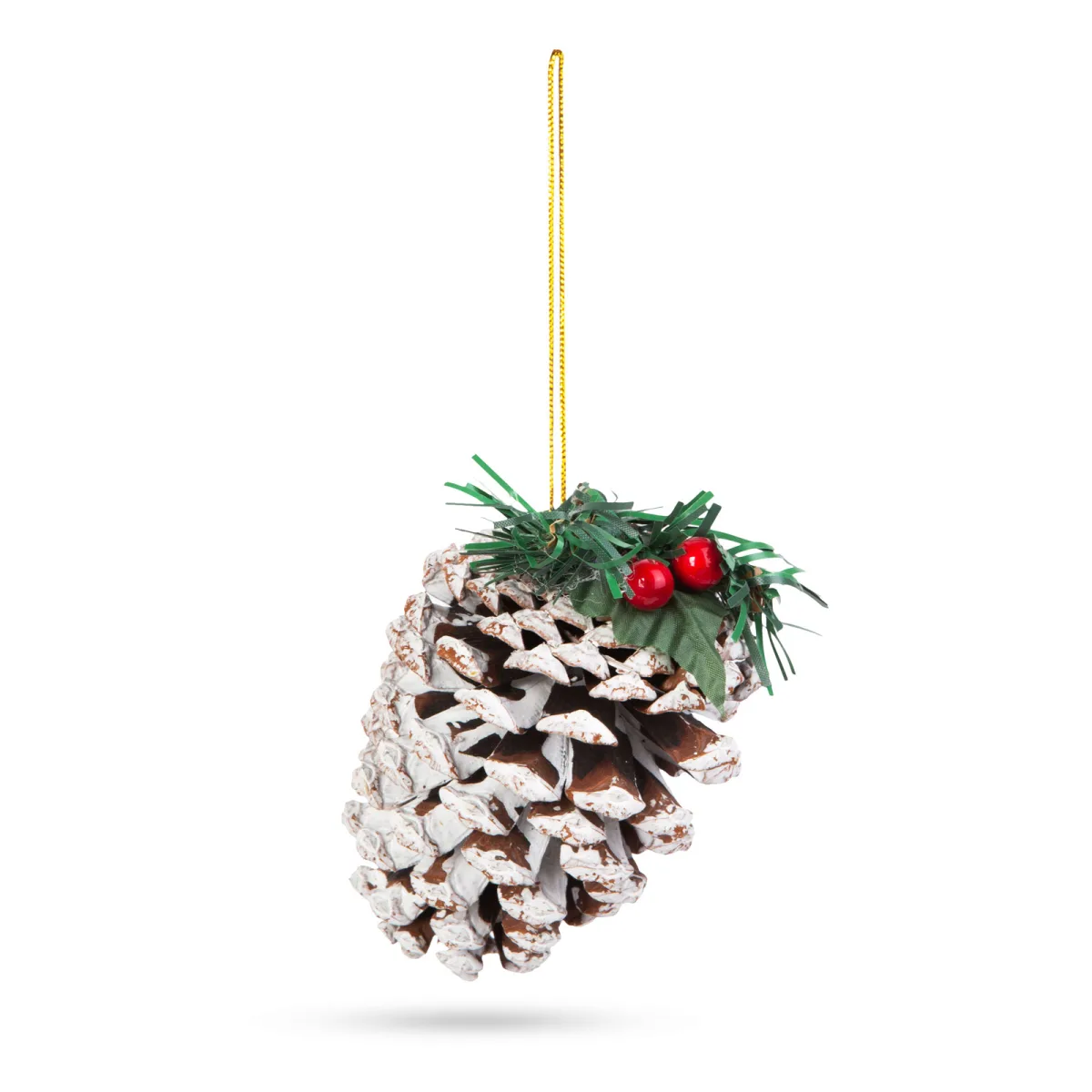 Decoratiune Craciun con natural 12 cm, set 2 buc cu fructe rosii si ramura brad - imagine 2