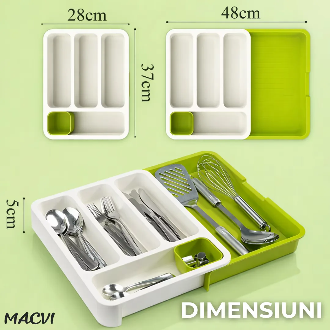 Suport modular extensibil Macvi® pentru tacamuri, 29-48 cm, ABS, alb-verde, organizator sertare - imagine 2