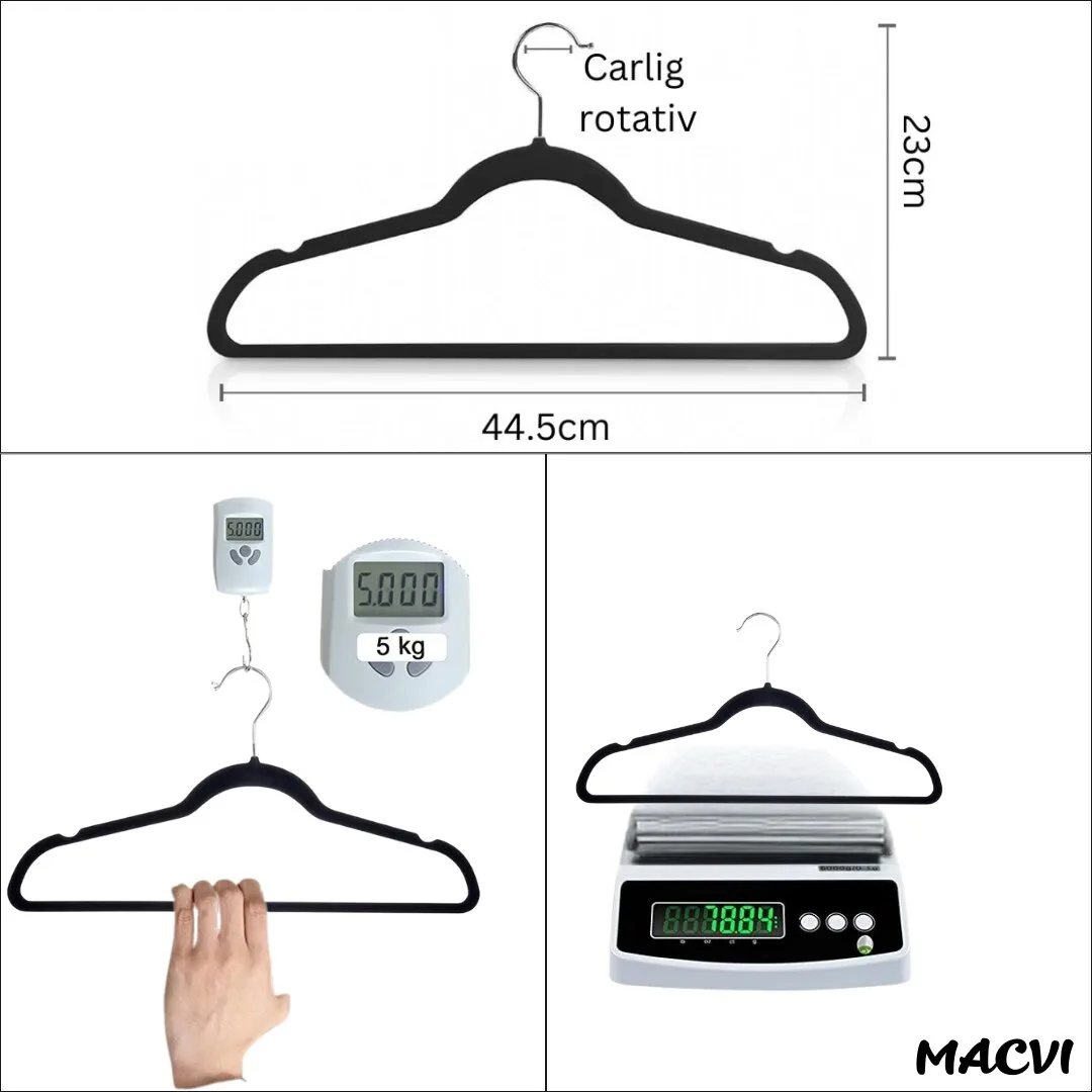Set 16 Umerase Macvi® Catifea Antialunecare, Slim, cu Bara pentru Pantaloni si Scobituri, Carlig 360°, 44.5x23 cm, Gri/Negru - imagine 2