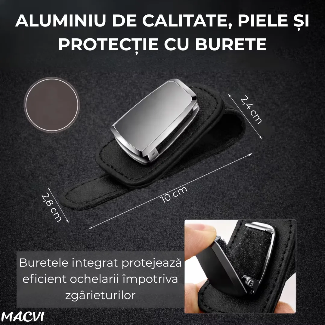 Suport ochelari auto Macvi®, prindere la parasolar, piele si aluminiu, 5x10 cm, negru - imagine 4
