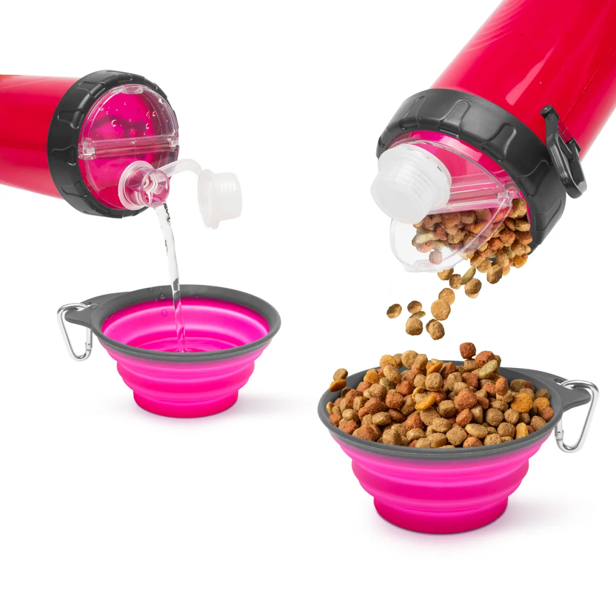 Bol pliabil pentru caini cu sticla apa, 350 ml, roz