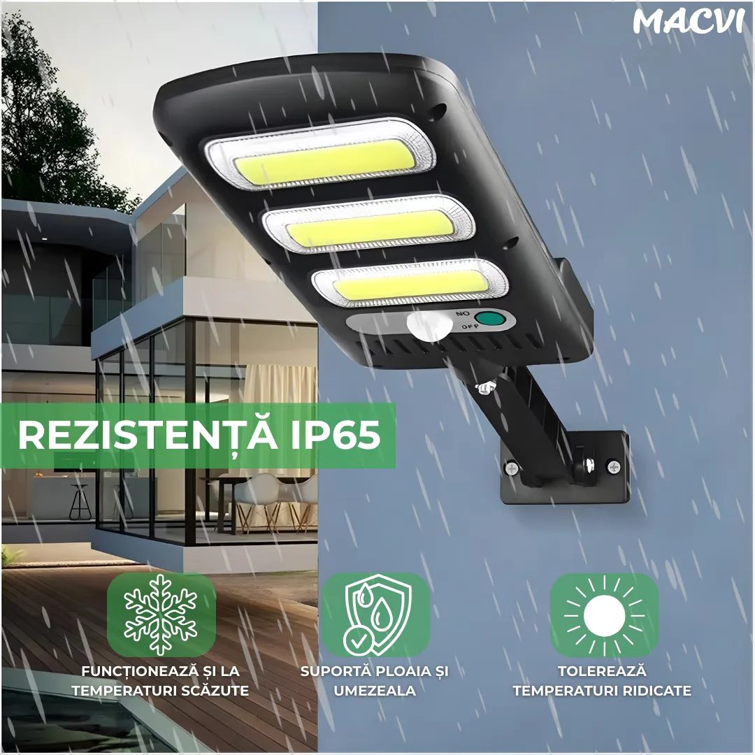 Aplica LED Exterior Macvi® Solara cu 150 COB, Senzor Miscare si Lumina, Panou Solar 1.5W, 2400mAh, IP65, 6500K, Autonomie 6-10 Ore, Unghi Lumina 120° - imagine 3