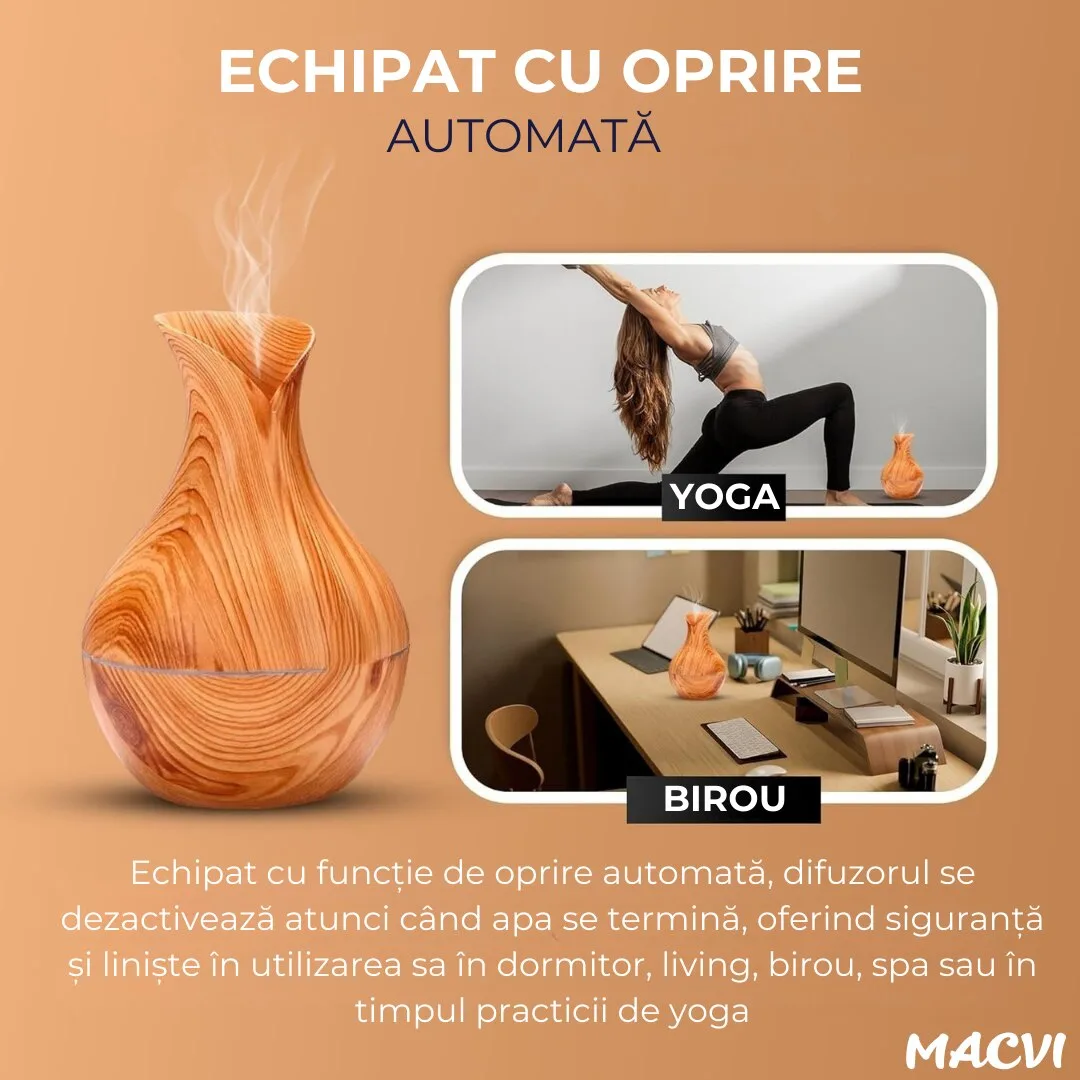 Difuzor Aromaterapie Macvi® cu Umidificator, ultrasunete, forma de vaza, buton touch, bej , LED 7 culori, 130 ml - imagine 3