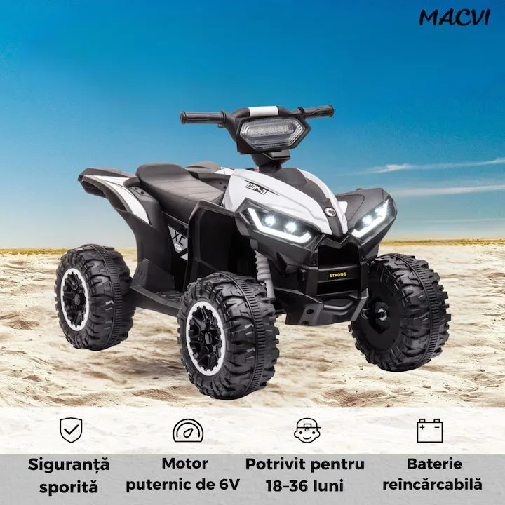ATV Electric MACVI® pentru Copii cu Motor 6V si Baterie Reincarcabila, Potrivit 18-36 Luni, Control Simplu si Siguranta Sporita, Alb - imagine 4