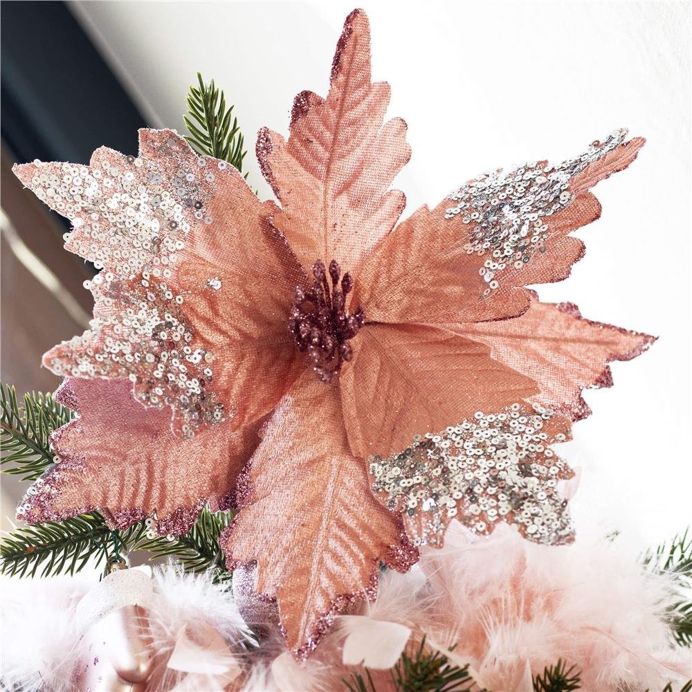 Set 5 ornamente pentru bradul de Craciun, stea Poinsettia, 26cm, roz argintiu