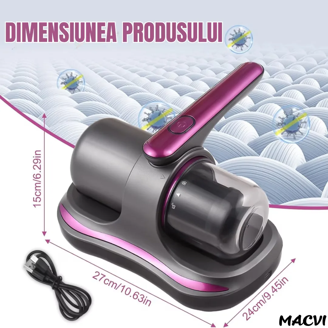 Aspirator Antiacarieni Macvi®, 8000 Pa, Fara Fir, Filtru HEPA, Baterie 3600 mAh, UVC, Rezervor 500 ml, Curatare Pat, Canapea si Covoare - imagine 2