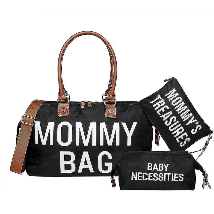 Geanta Mommy Bag Macvi® cu 2 gentute incluse, multiple compartimente si spatii pentru depozitare, ideala pentru maternitate si calatorii, negru