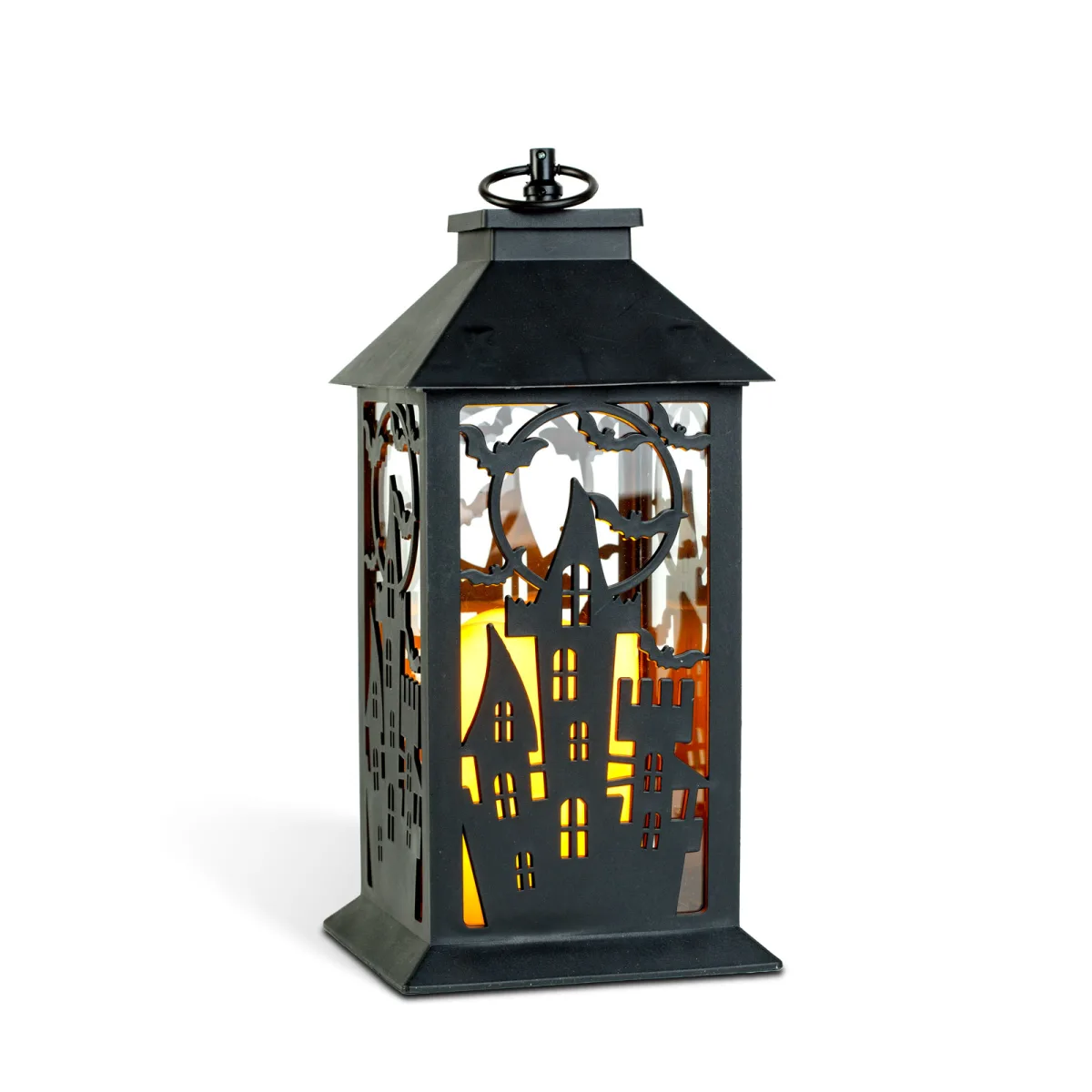 Felinar LED decorativ Halloween, model castel, efect flacara, 30 x 14 cm, negru - imagine 3