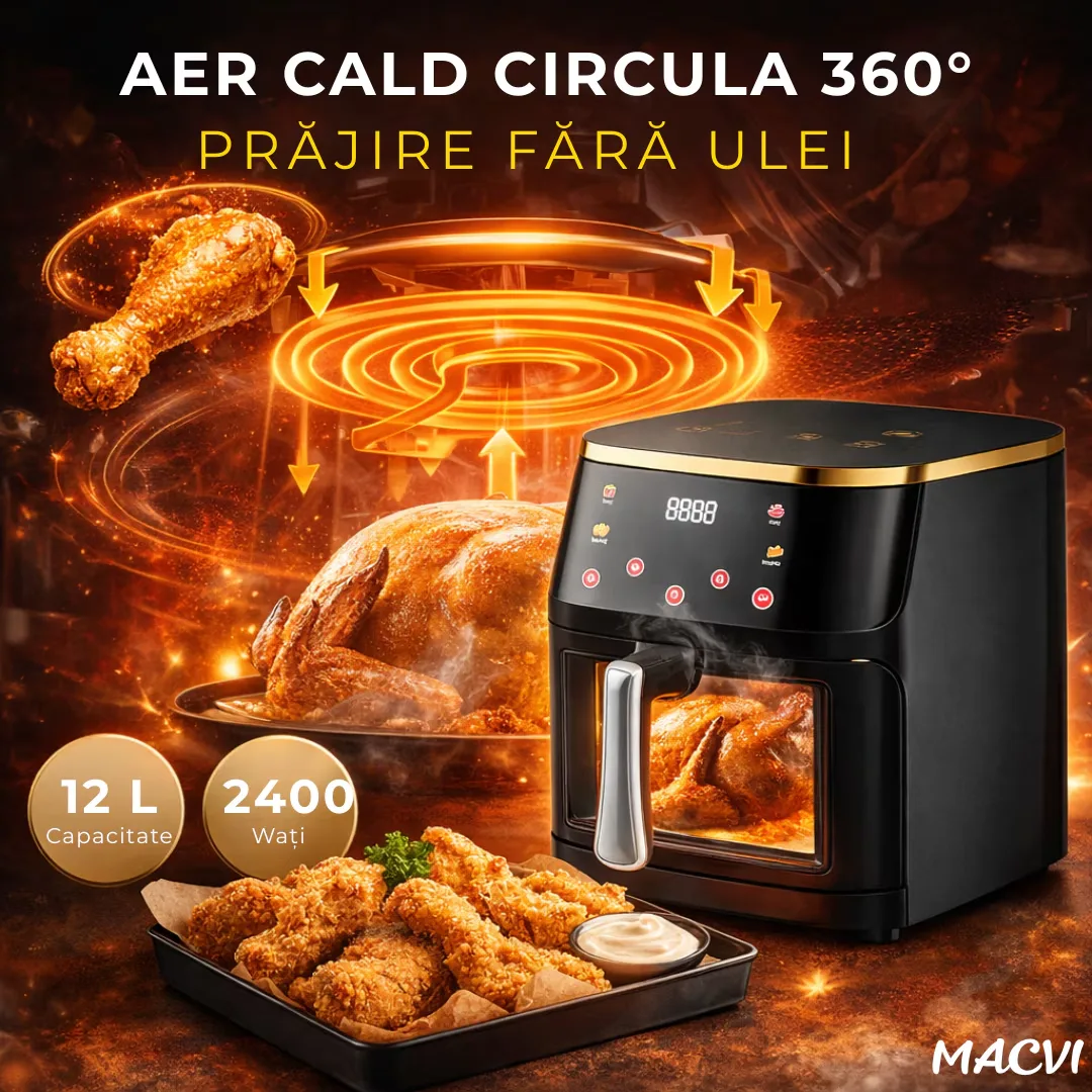 Friteuza aer Macvi® cu aer cald 12L 2400W, fereastra transparenta, panou digital touch, 8 programe presetate, control temperatura 80-200°C, timer 0-60 min, gatire fara ulei, functie 3D, aer circulant - imagine 4