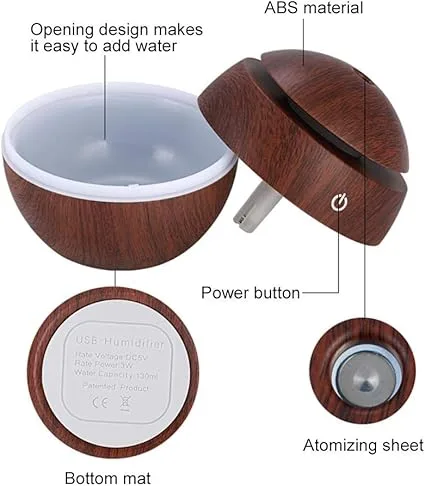 Difuzor Aromaterapie Umidificator Macvi® UM-06, cu 7 Culori LED, USB, 130 ml, Rotund, Maro - imagine 2