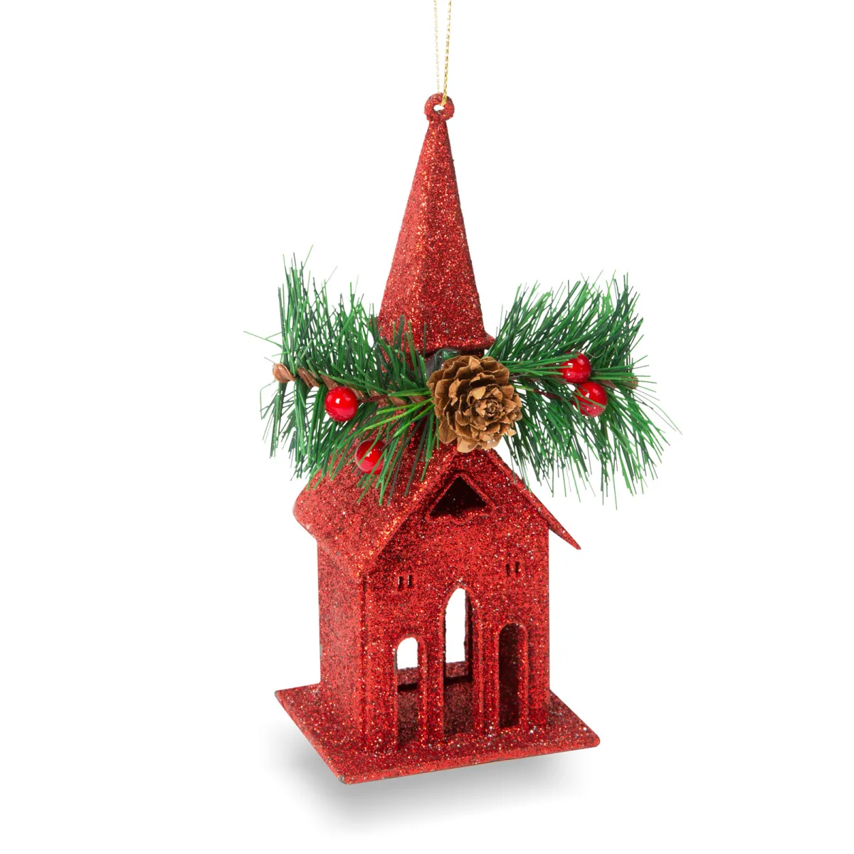 Decoratiune brad bisericuta rosie cu glitter, 16 cm - imagine 2