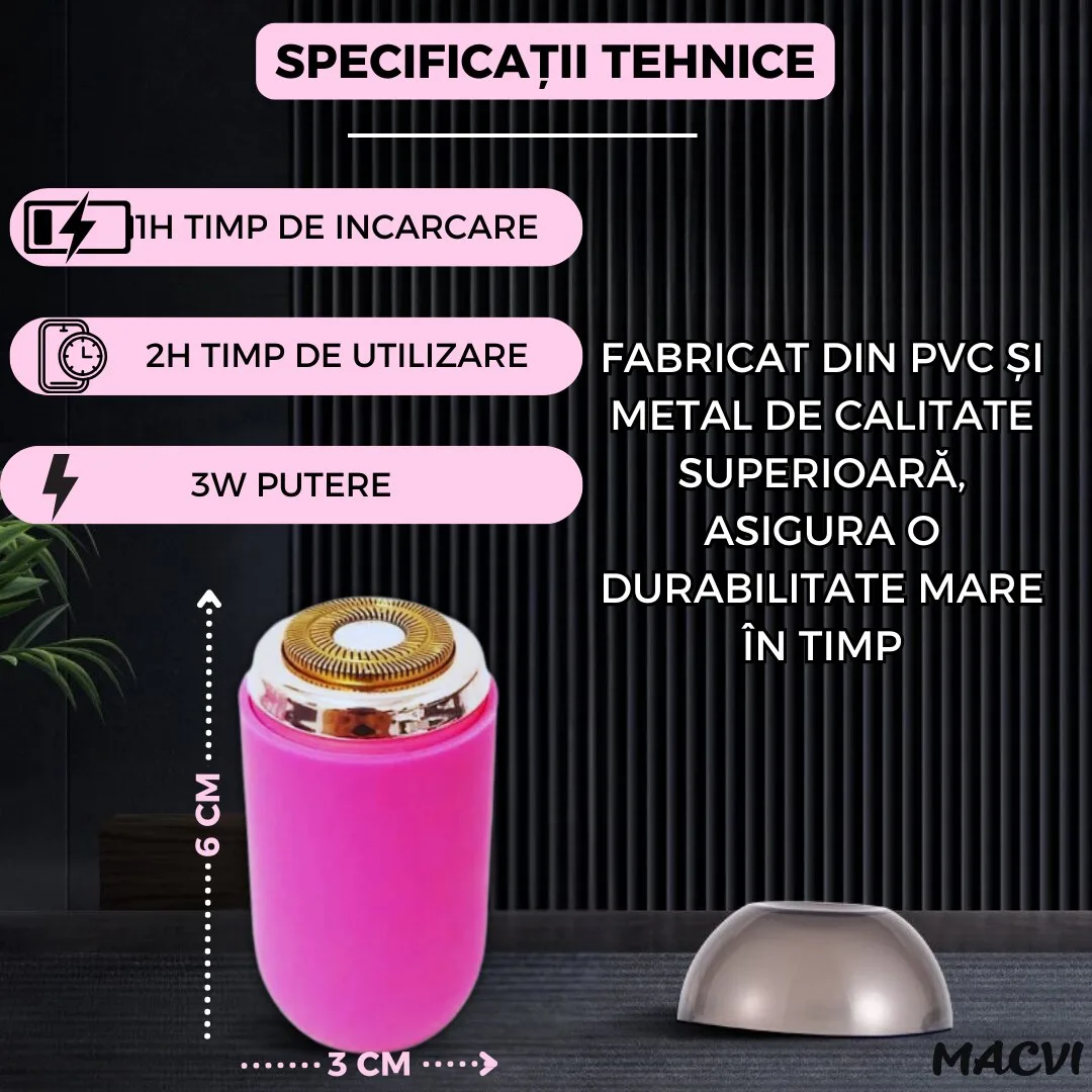 Mini aparat de ras portabil Macvi®, Depilare rapida si eficienta, incarcare USB, autonomie 60 minute, Roz - imagine 5