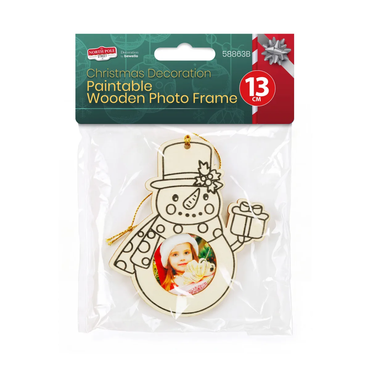 Rama foto decorativa de Craciun Om de Zapada, lemn pictabil, suspendabila, 13 cm - imagine 4