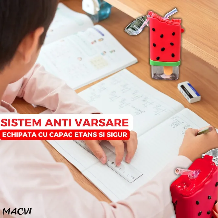Sticla de Apa pentru Copii Macvi® Forma Inghetata Pepene, 300 ml, Fara BPA, Anti-Scurgere, Capac Etans, Pai Incorporat, Usor de Curatat, Rosu - imagine 3