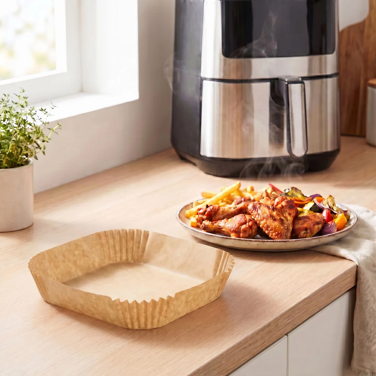 Hartie de copt air fryer patrata 23x23 cm, 50 buc, antiaderenta, rezistenta 220°C