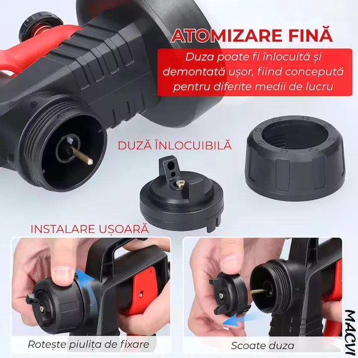 Pistol vopsit electric Macvi® 500W rezervor 800ml, rosu, viteza reglabila 32000rpm, 3 moduri de pulverizare, pulverizare fina, duze interschimbabile pentru interior tavan gard lac lemn metal - imagine 2