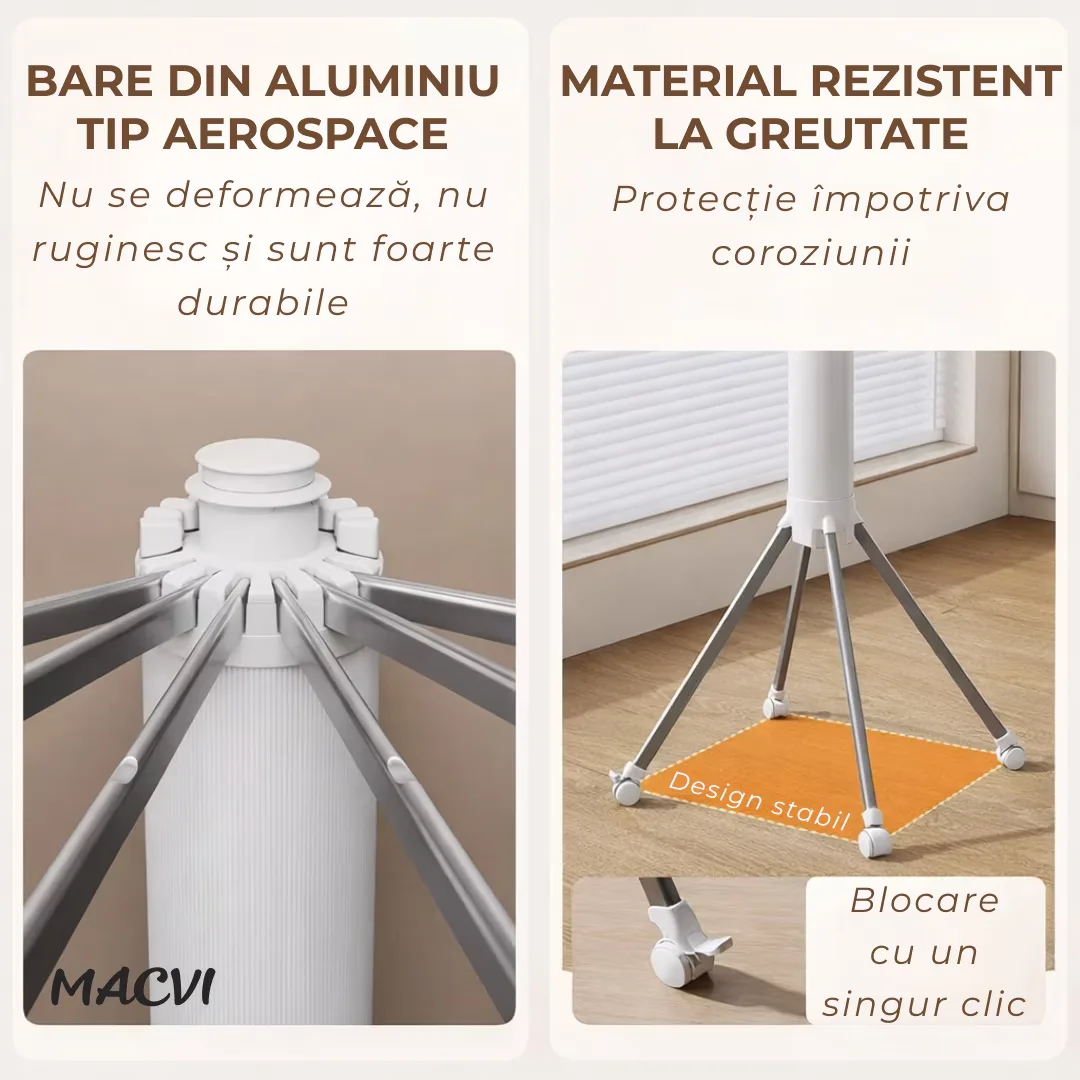 Uscator de rufe vertical Macvi®, 2 nivele, pliabil, mobil, suport umerase, 16 tije, 24 cleme, 170 cm, uscare 360° - imagine 4