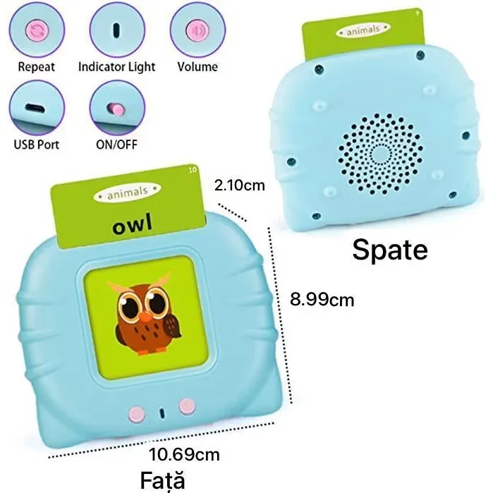 Jucarie educativa Montessori Macvi® masina de invatare limba engleza cu cititor carduri flash 112 carduri 224 cuvinte sunete interactive incarcare MicroUSB albastru 2 ani+ - imagine 3