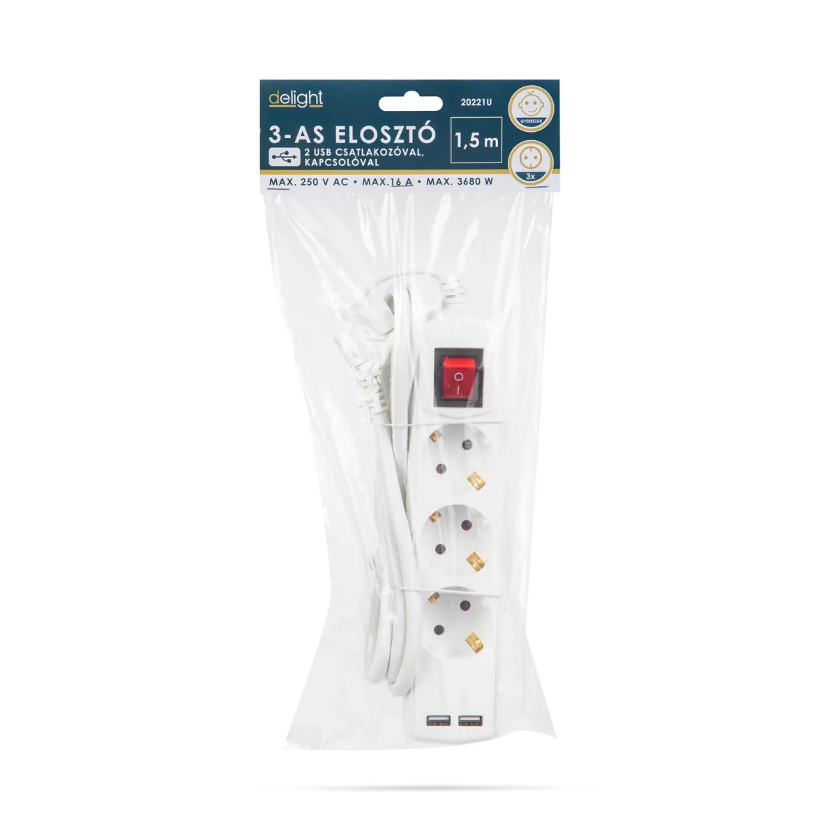 Prelungitor 3 prize Schuko 1.5m, 2x USB 2.1A, intrerupator, 16A, protectie copii - imagine 2