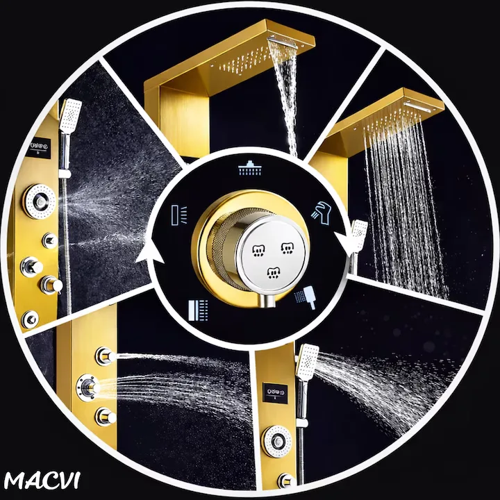 Panou dus Macvi® hidromasaj 5 functii LED digital inox auriu satin 120 cm, afisaj temperatura anticalcar dus tip ploaie cascada, para mobila, jeturi masaj baie, premium - imagine 5