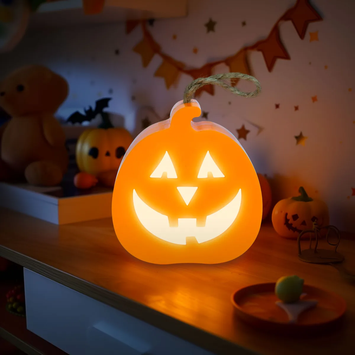 Decor LED Halloween, dovleac, LED RGB, 8,5x9x4 cm, functionare baterie, ON/OFF, portabil