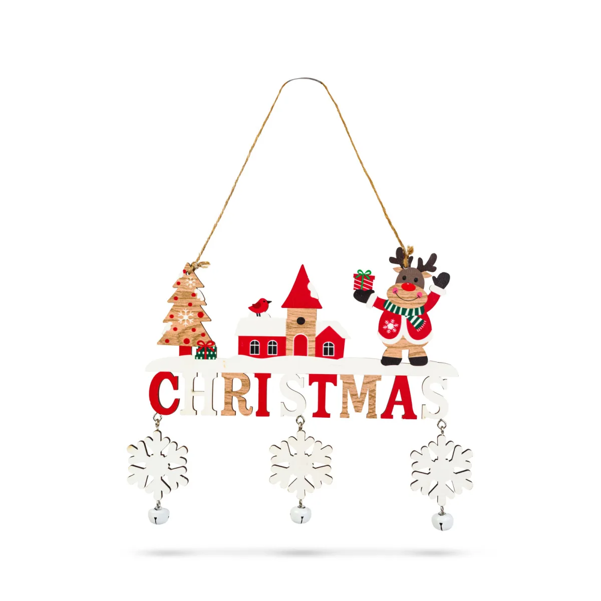Decoratiune Craciun din lemn, 23x20 cm, cu clopotei, model ren sau om de zapada - imagine 3