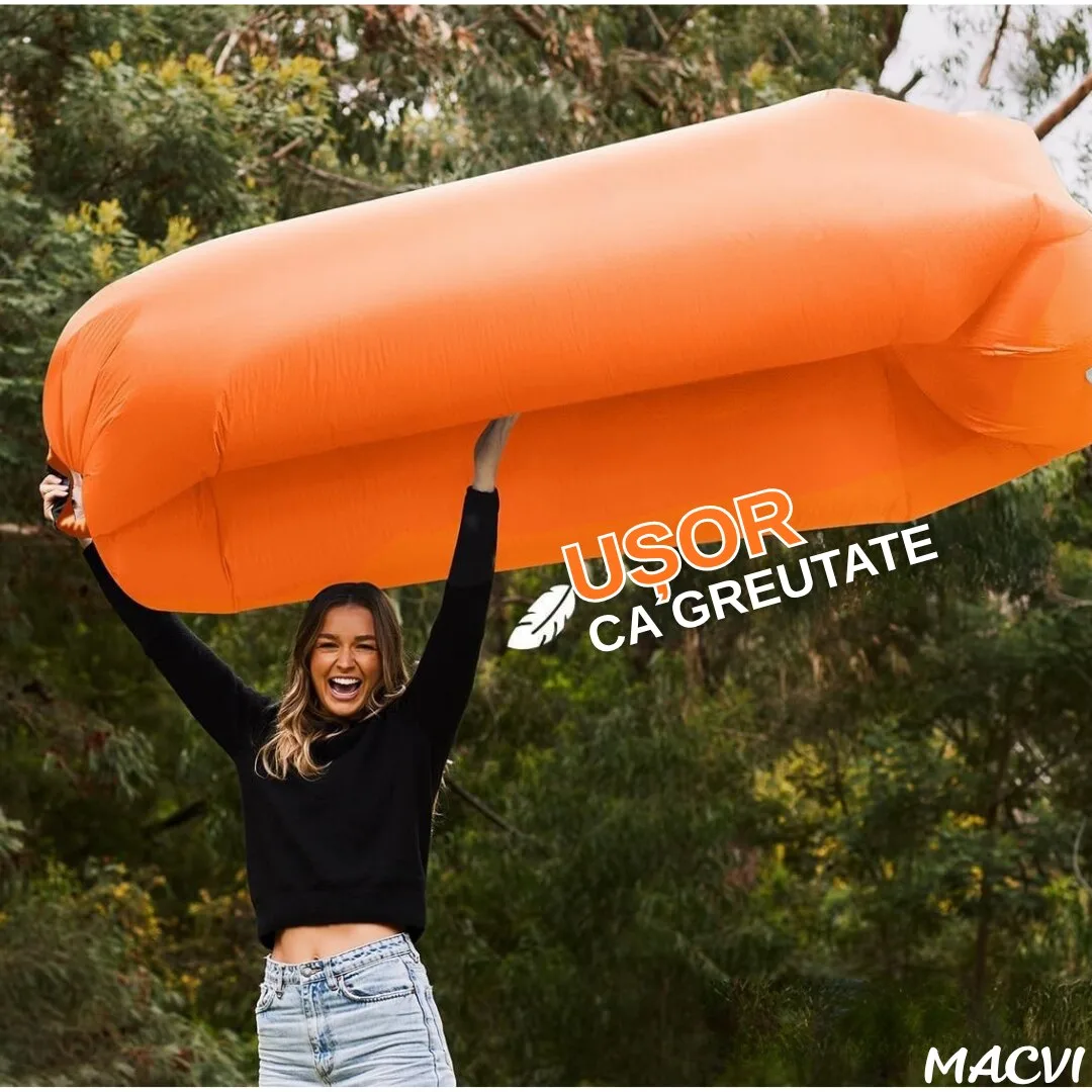 Saltea gonflabila tip sezlong Lazybag Macvi®, material rezistent, umflare fara pompa, pentru plaja/picnic/camping, rucsac de depozitare, 190 x 70 cm,Portocaliu - imagine 2