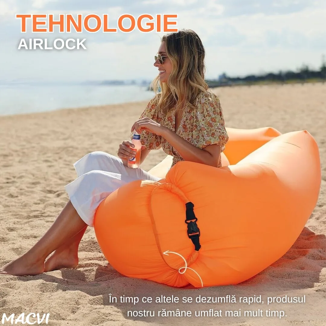 Saltea gonflabila tip sezlong Lazybag Macvi®, material rezistent, umflare fara pompa, pentru plaja/picnic/camping, rucsac de depozitare, 190 x 70 cm,Portocaliu - imagine 5