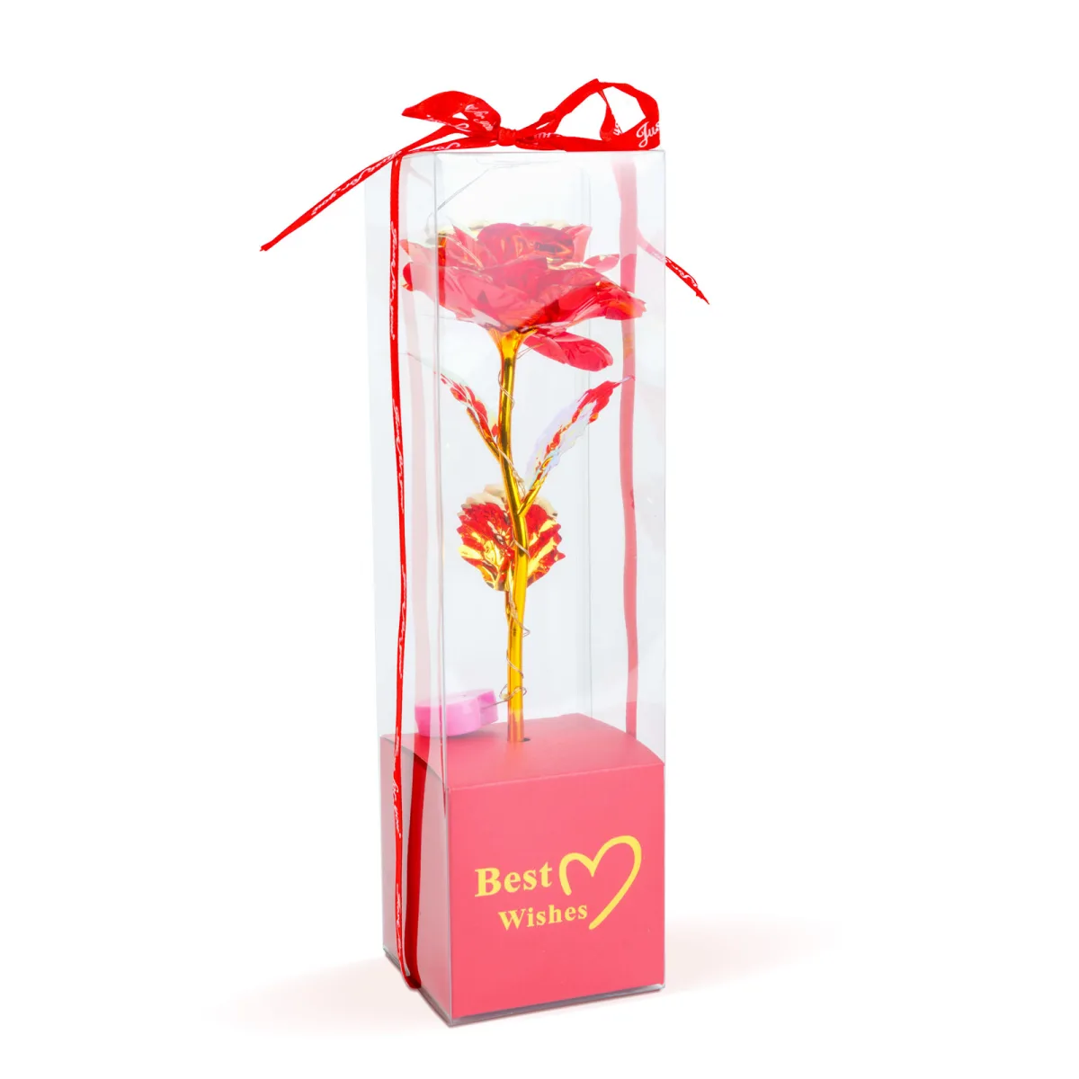 Trandafir artificial cu LED rosu 25cm, decor luminos cu tulpina aurie pentru cadou romantic