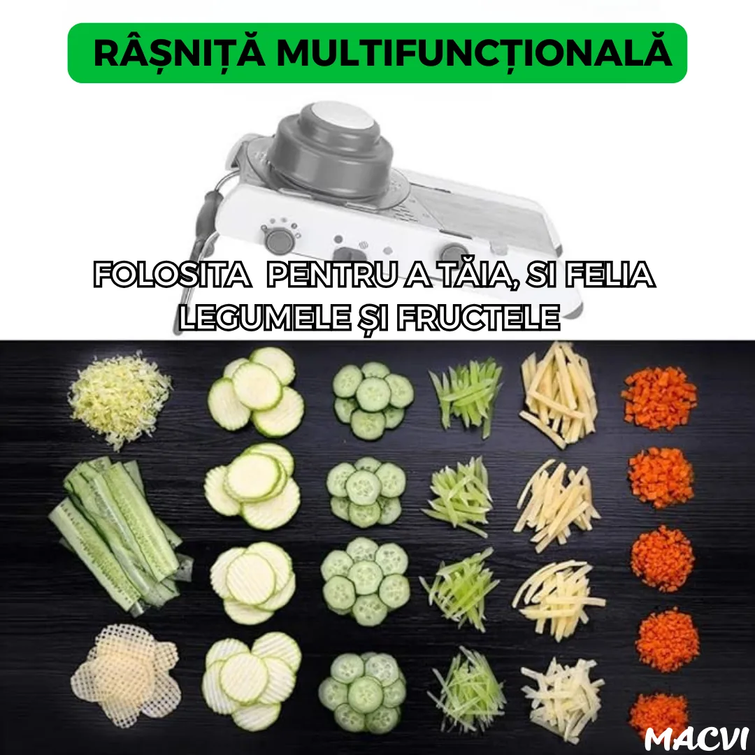 Razatoare Multifunctionala Macvi® pentru legume si fructe, 18 taieturi diferite, lame inox, reglabila 1-7 mm, ergonomica, gri - imagine 2