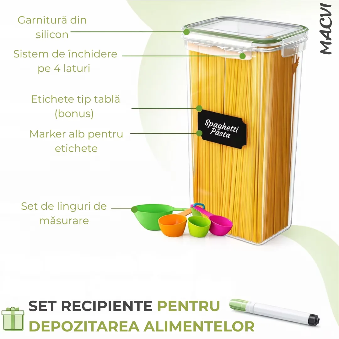 Set 28 organizatoare/recipiente Macvi® pentru depozitare alimentara, etanse, design minimalist, fara BPA, stocabile, cu etichete si lingurite incluse - imagine 4