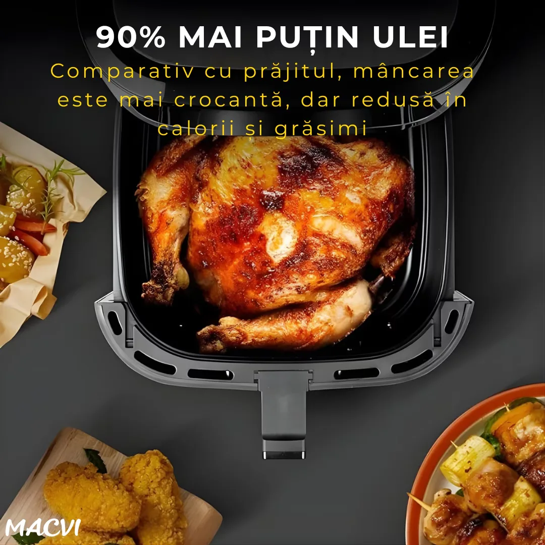 Friteuza aer Macvi® cu aer cald 12L 2400W, fereastra transparenta, panou digital touch, 8 programe presetate, control temperatura 80-200°C, timer 0-60 min, gatire fara ulei, functie 3D, aer circulant - imagine 2