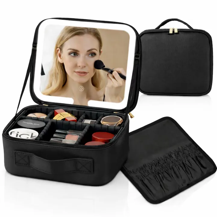 Organizator cosmetice cu oglinda LED Macvi, 2000mAh, 76 LED, negru, 26x23x11cm