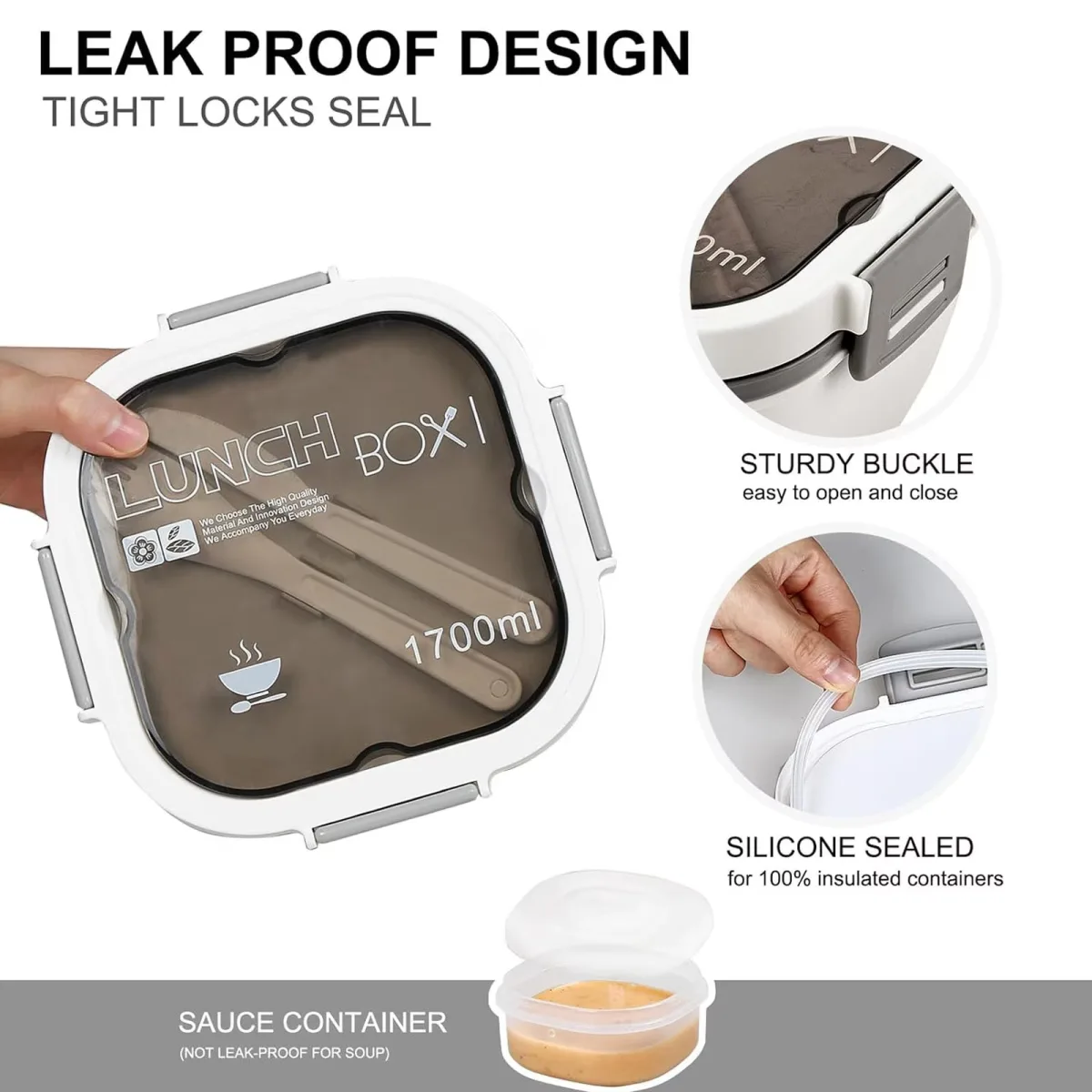 Caserola Alimentara Macvi® 1.7L cu 4 Compartimente si Recipient Sos Lunch Box BPA Free, Alb - imagine 2