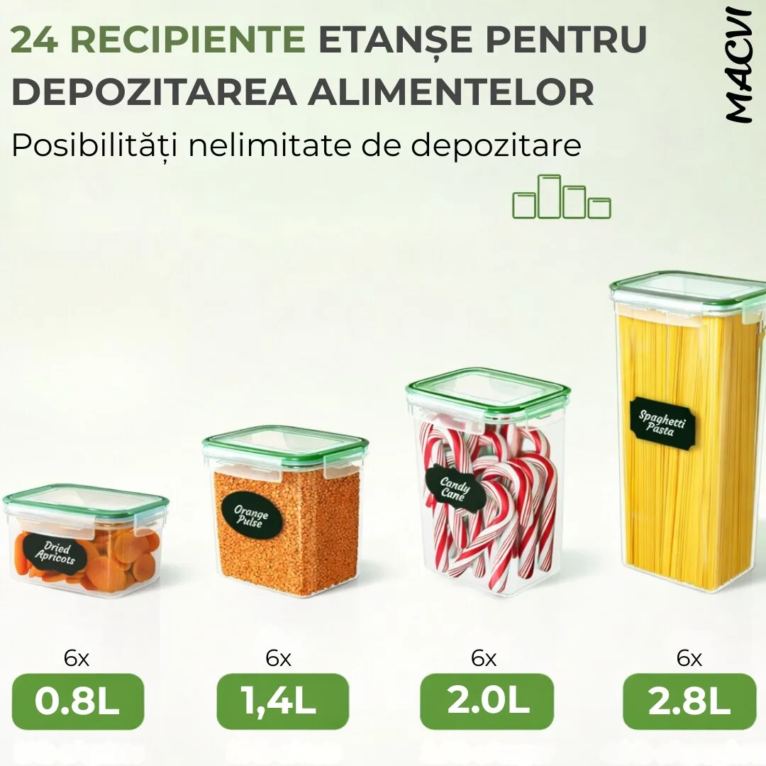 Set 24 organizatoare/recipiente Macvi® pentru depozitare alimentara, etanse, design minimalist, fara BPA, stocabile, cu etichete si lingurite incluse - imagine 2