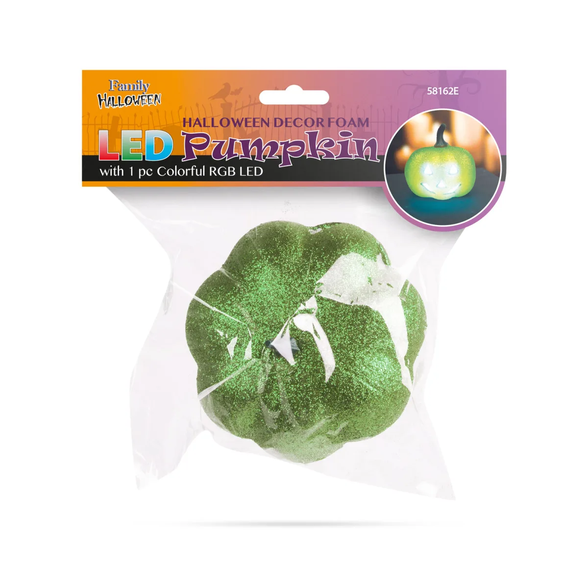 Decor Halloween dovleac LED RGB 11 cm verde, dovleac luminos din spuma cu baterii, - imagine 2