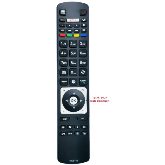 RC5118 Telecomanda pentru LCD NEI,AKAI, DIGIHOME, FINLUX, HITACHI, TELEFUNKEN cu NETFLIX varianta mica cu tastele V, V-, P, P- din silicon