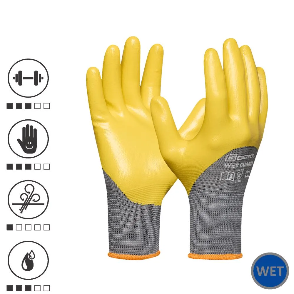 Gebol EP729514_09, Manusi de protectie Wet Guard Yellow, din poliester, acoperire cu spuma de nitril, rezistente la ulei si apa, uz profesional, marimea 9/L