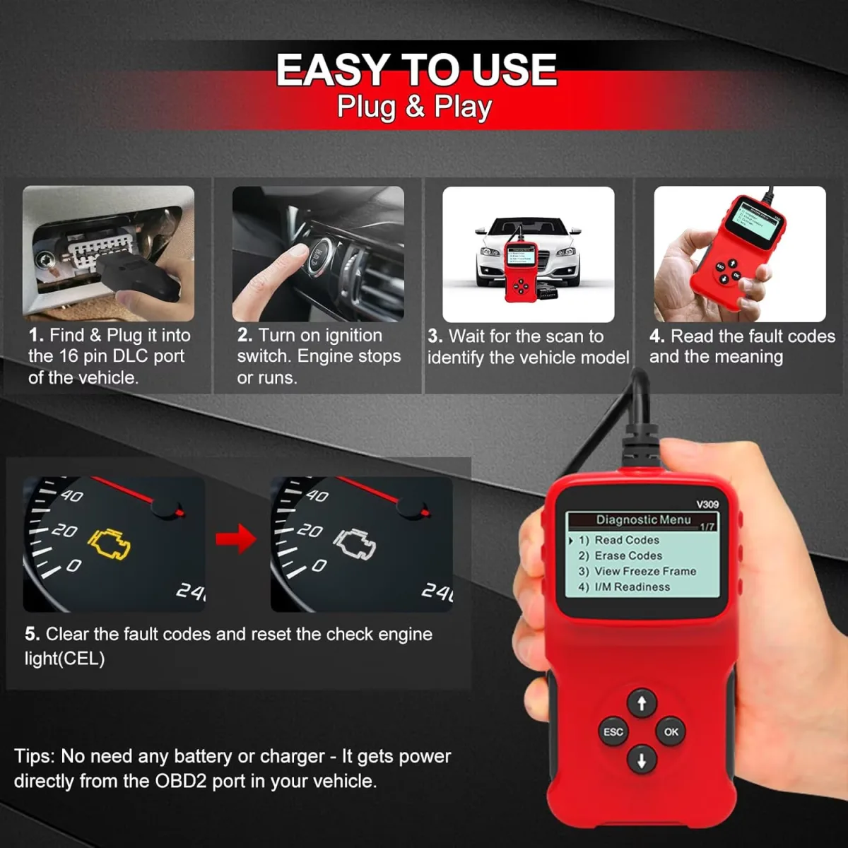 Tester auto MACVI OBD2 V309, citire/sterere coduri DTC, ecran LCD mare, plug and play - imagine 3