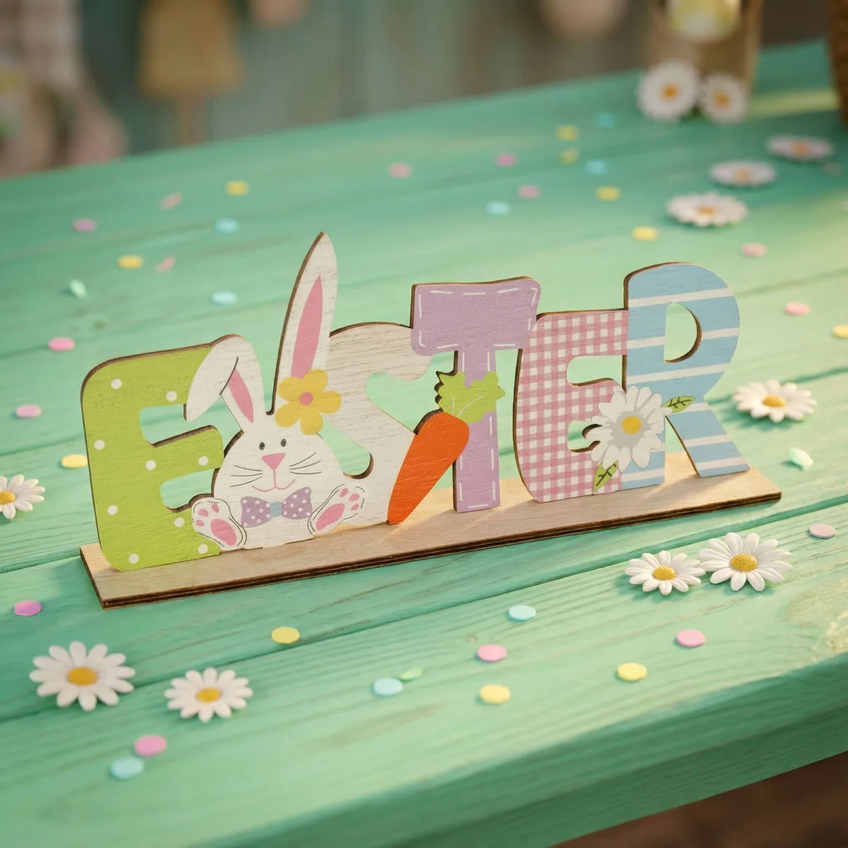 Decor masa Paste din lemn cu iepuras si mesaj Easter, 22x10 cm