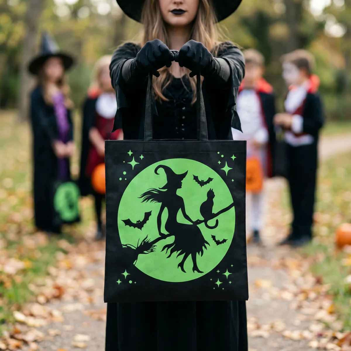Geanta Halloween pentru dulciuri, 37.5 x 42.5 cm, model pisica sau vrajitoare, negru verde - imagine 2