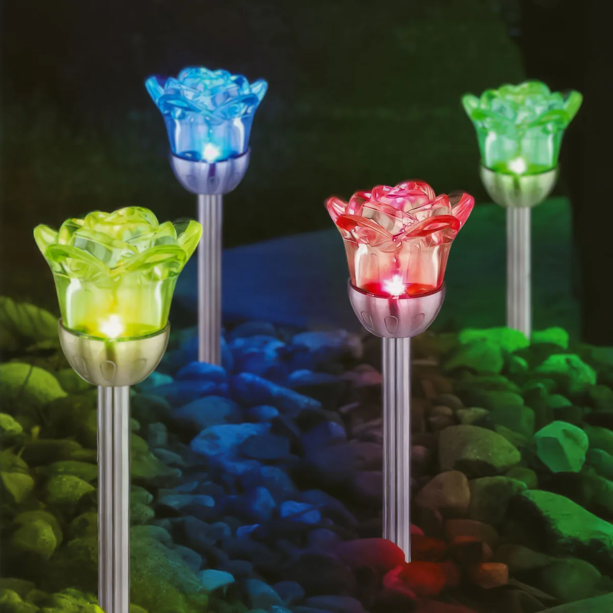 Lampa solara LED trandafir RGB cu tarus 36.5 cm, decor gradina exterior, iluminat ambiental