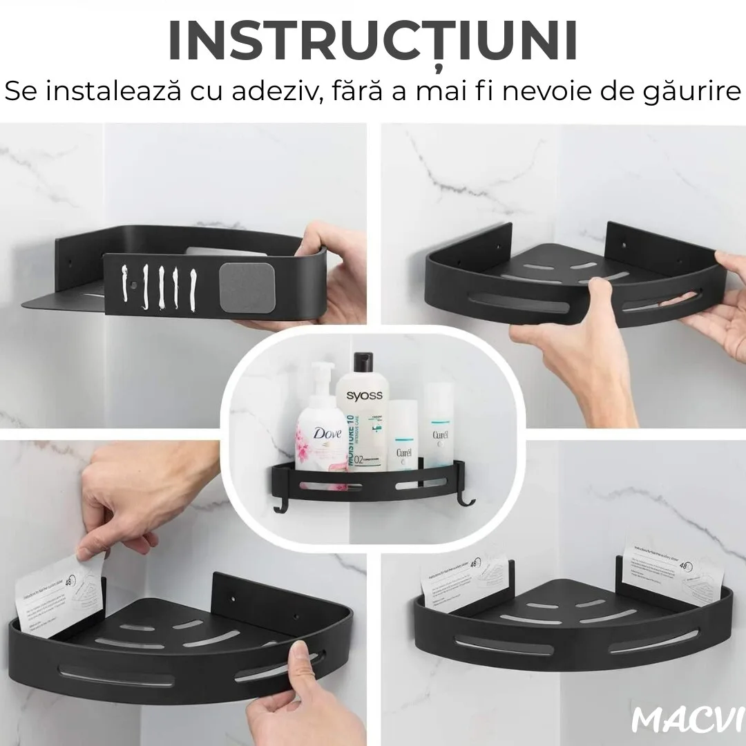 Raft de dus Macvi® set etajera baie aluminiu negru design modern si rezistent montaj usor spatiu optimizat - imagine 2