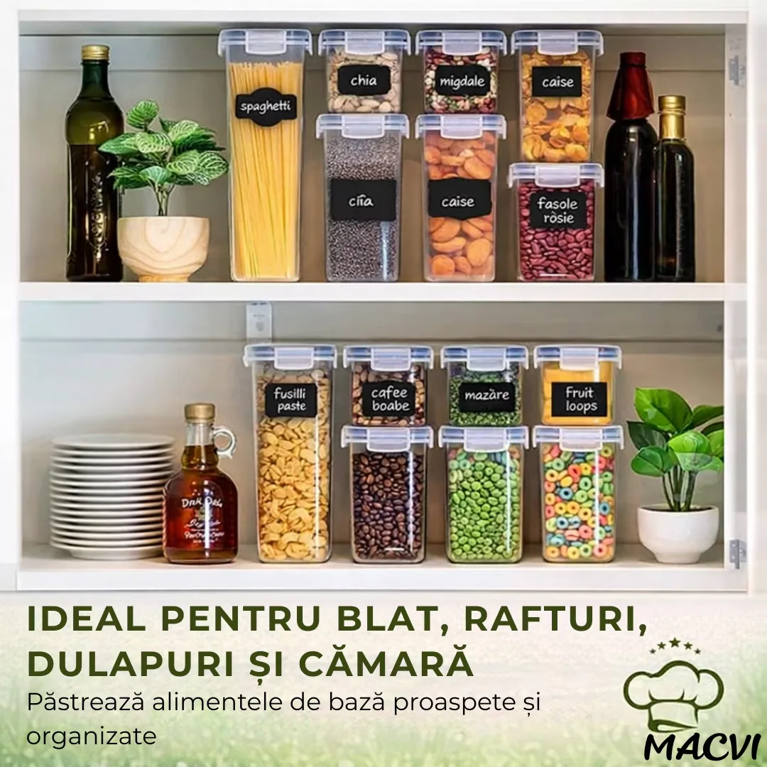 Set 24 organizatoare/recipiente Macvi® pentru depozitare alimentara, etanse, design minimalist, fara BPA, stocabile, cu etichete si lingurite incluse - imagine 4