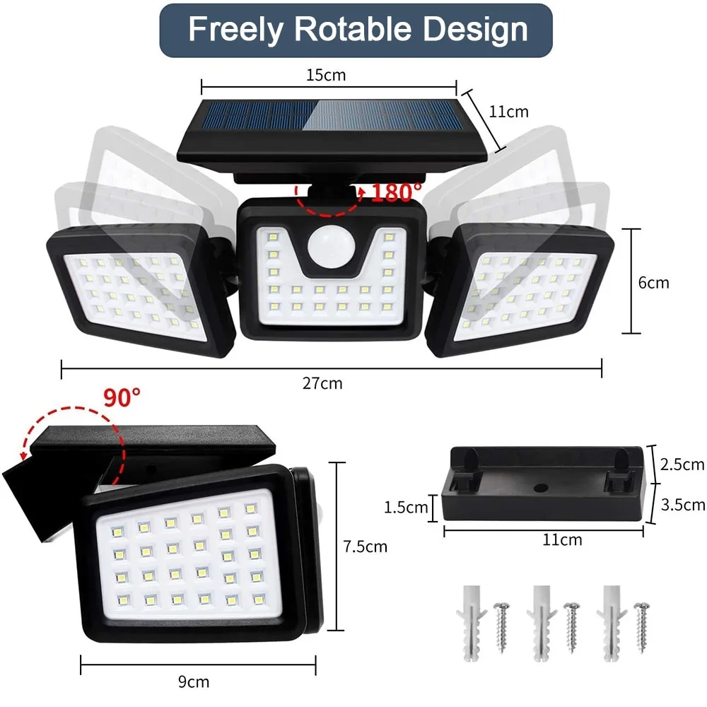Lampa Solara 1725 Macvi® de Perete cu 74 LED-uri si Senzor Solar, 3000mAh, Rezistenta la Intemperii, IP65 - imagine 2