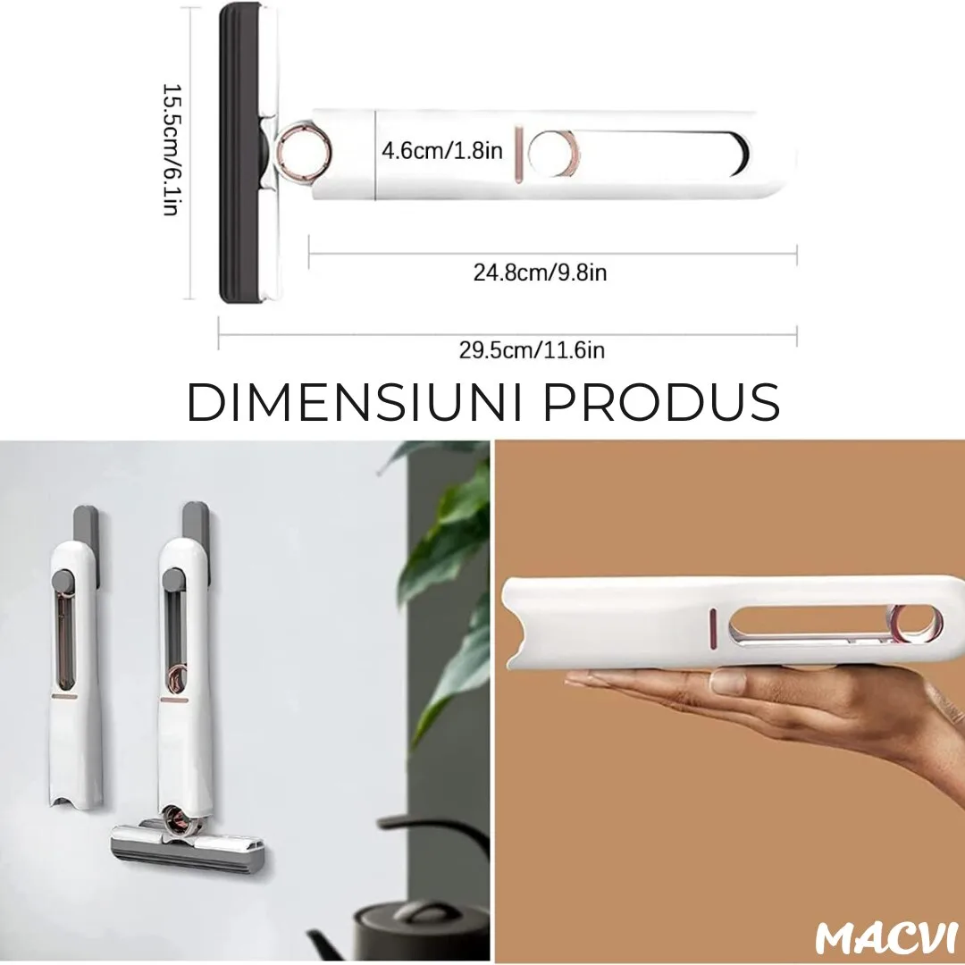 Mini Mop Macvi® pentru Curatarea Suprafetelor si Geamurilor, Sistem de Storcere Buretel, Rotativ, Portabil, 29 cm, Alb - imagine 3