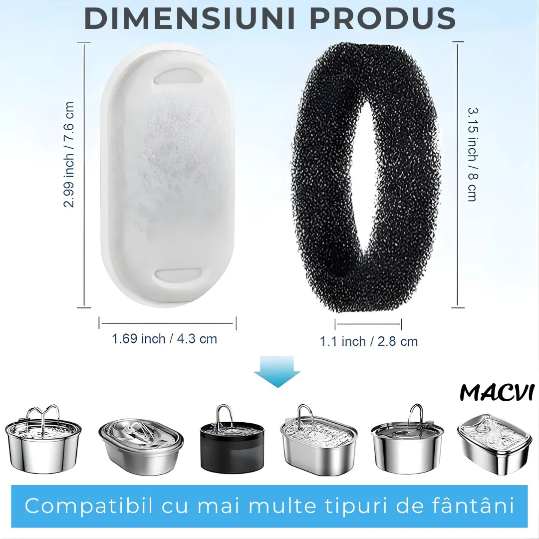 Set 4 filtre Macvi® pentru dispenser de apa automat, design oval, elimina mirosurile si gusturile neplacute, filtrare eficienta pentru caini si pisici, bumbac de calitate - imagine 2